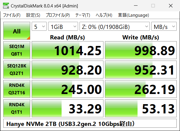 Hanye 2TB USB3.2Gen2 10Gbps 経由ベンチマーク